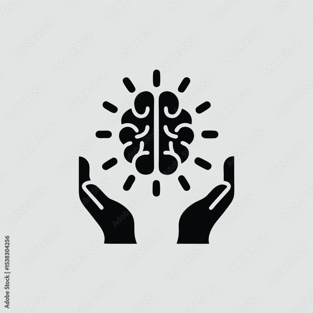 Poster hands cradling a glowing brain symbolizing ideas and intelligence in vector form