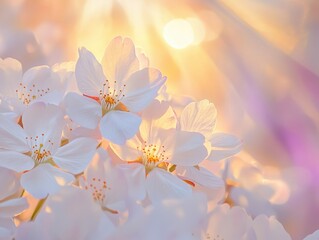 Blossoming beauty Delicate white cherry blossoms bathed in the warm sunlight of spring with soft