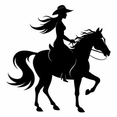 vector black silhouette Silhouette of a woman riding a beautiful horse cowgirl riding on white background