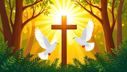 Cross with doves in a sunlit forest.