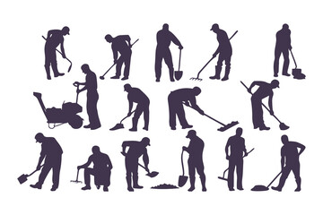 Silhouettes of workers performing outdoor tasks with tools. vector set of people digging, sweeping, raking, spraying, and cleaning.