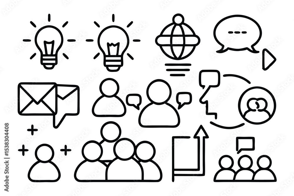 Poster a collection of minimalist outline icons illustrating communication ideas global networking and crea