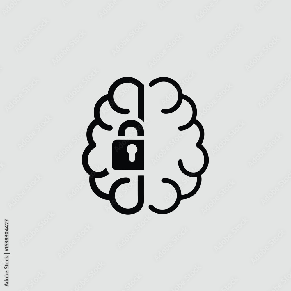 Poster brain protection symbolizing security with a lock in minimalist monochromatic design