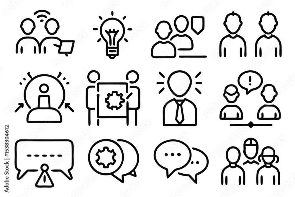 Poster collection of simple linear icons depicting teamwork collaboration ideas problem solving and communi