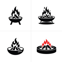 Four Black and White Fire Pit Icons with Flames and Burning Wood Illustration