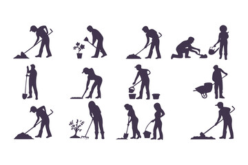 Fototapeta premium Silhouettes of workers performing outdoor tasks with tools. vector set of people digging, sweeping, raking, spraying, and cleaning.