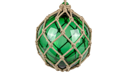 A green glass float, ensnared by a knotted nautical rope net, suspended in stillness and mystery
