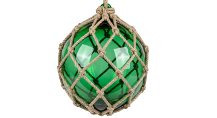 A green glass float, ensnared by a knotted nautical rope net, suspended in stillness and mystery