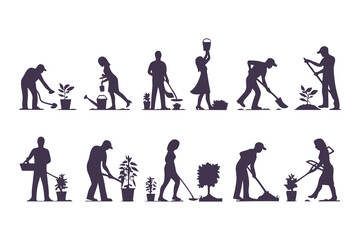 Silhouettes of workers performing outdoor tasks with tools. vector set of people digging, sweeping, raking, spraying, and cleaning.