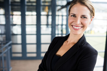 Professional woman wearing black blazer crossing arms smiling in grid glass hallway lit by sunlight