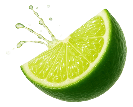 A fresh lime wedge with juice visibly splashing out, highlighting the vibrant green rind and juicy segments.