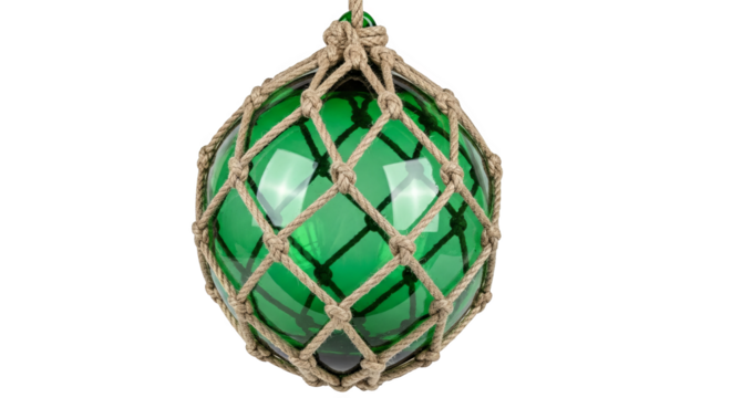 A green glass float, ensnared by a knotted nautical rope net, suspended in stillness and mystery