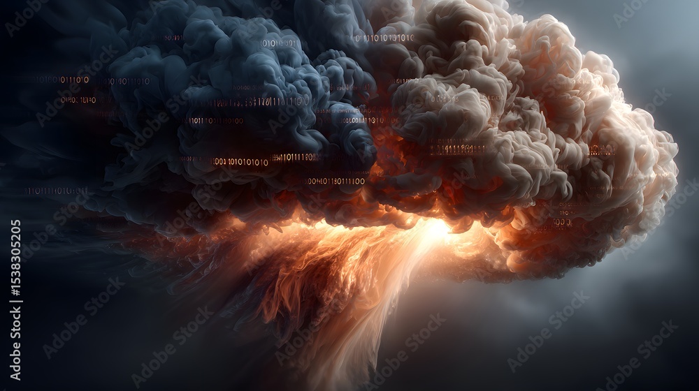 Poster dramatic scene of a massive explosion erupting into a towering column of smoke and flames creating a