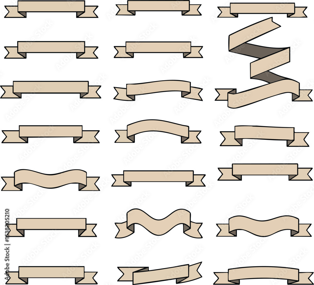 Poster beige ribbon banner collection with various shapes and styles for decorative design elements vector