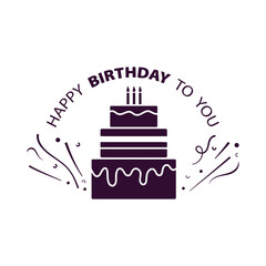 Black and white happy birthday icon. Cake and firecrackers on the sides