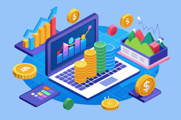 Naklejka premium Isometric financial analysis and investment concept with laptop coins and charts