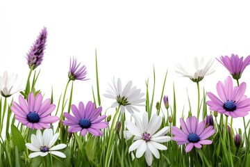 Purple and white daisies growing in green grass on white background