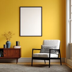 Frame Mockup. Living Room Poster on Wall. Interior Wall Art Mockup with Cozy Home Background. Modern Interior Design.