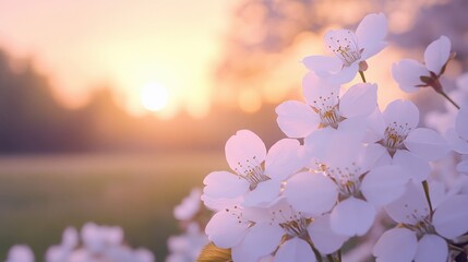Delicate cherry blossoms dance in the golden light of sunrise evoking peace and renewal Soft pastel