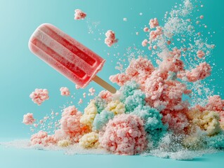 A levitating popsicle melting into glowing droplets, surreal style, vibrant pastel colors, and playful design.