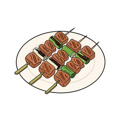 Skewered Meat and Vegetables on Plate - Food Illustration