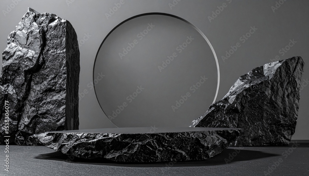 Poster minimalist 3d render of black rock podium with rocks and table for product presentation mockup stage