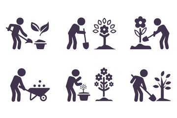 Set of gardening icons with people planting, watering, digging, and using tools. vector illustration for garden, farming, and landscaping.