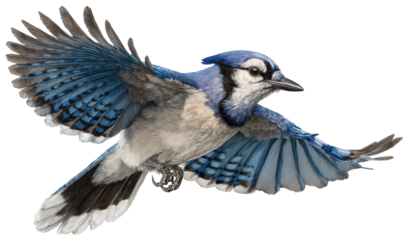 Blue jay in flight against a black background