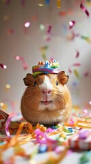 Guinea pig with birthday streamers and gifts.
