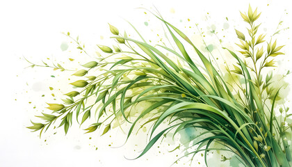 An exquisite hand-painted illustration of lemongrass stalks and leaves, emphasized by their elegant structure and fresh green hues, isolated on a bright white canvas.