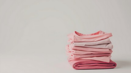 A stack of folded shirts in various shades of pink.