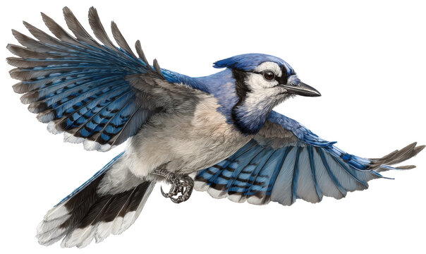 Blue jay in flight against a black background