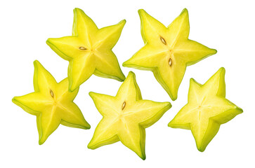 Obraz premium Five fresh starfruit slices with visible seeds arranged in a star pattern.
