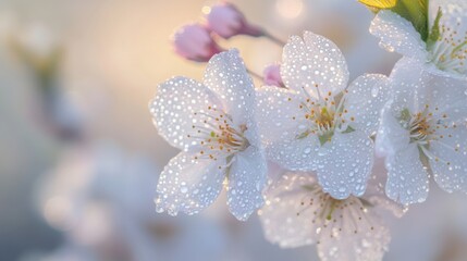 Delicate cherry blossoms glistening with morning dew capturing the ephemeral beauty of spring on a