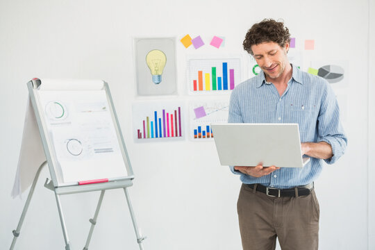 Man reviewing data on laptop beside flip chart in meeting room with graphs and sticky notes