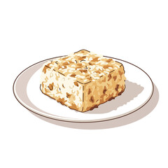Square Rice Cake on Plate - Culinary Illustration