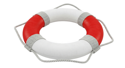 A red and white life preserver with rope detail is isolated, providing safety and security.