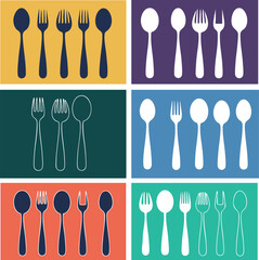 Cutlery utensils silhouette set with spoons forks and knives in colored squares vector illustration 