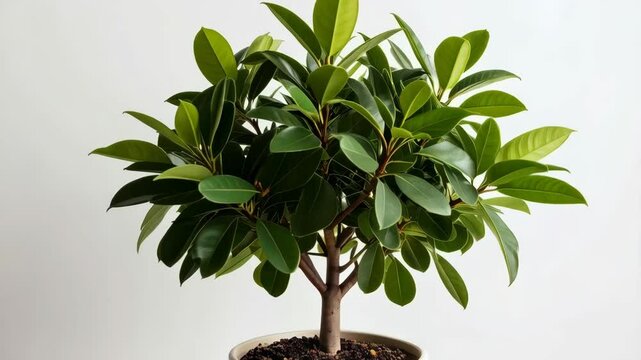 Potted ficus microcarpa houseplant on a plain surface against a neutral backdrop displaying glossy green leaves and a minimalist aesthetic.