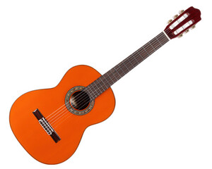 Acoustic guitar musical instrument wood string orange isolated classic six string object transparency background. Acoustic guitar with orange body and wooden neck six string classic musical