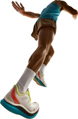 Muscular runner in blue singlet and brown shorts performs forward sprint with intense stride and visible veins under dynamic lighting. Concept of dynamic posture analysis