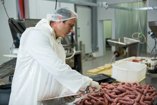 Male worker wearing hairnet measuring sausage pile in processing plant on steel table with caliper