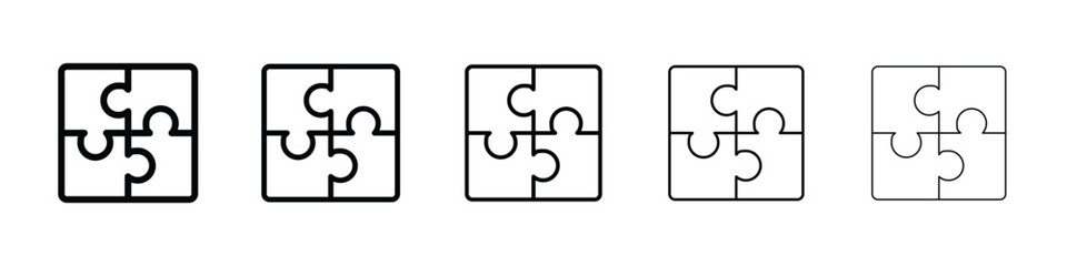 Puzzle pieces icons in black stroke designs on white background
