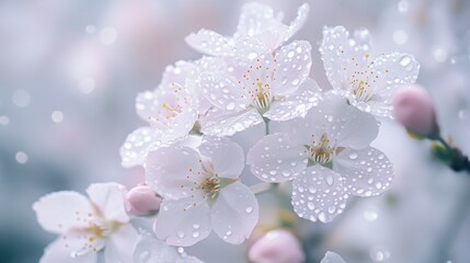 Capturing spring s tender beauty as delicate cherry blossoms glisten with raindrops in the gentle