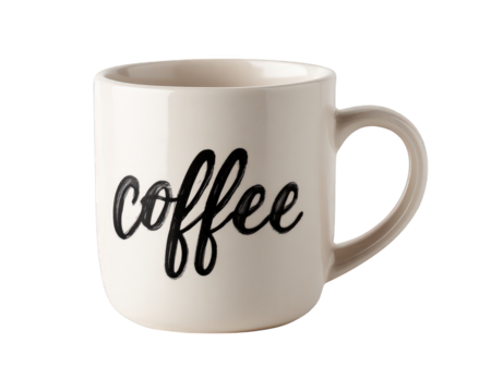 White ceramic mug with coffee text isolated on transparency background simple design modern style kitchenware drinkware cozy home morning caffeine