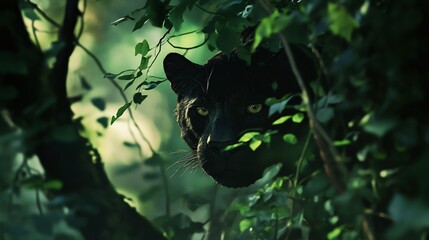 Obraz premium Black Panther Hiding in Dark Tropical Jungle Foliage