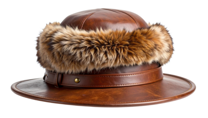 Brown Fur Trapper Hat: Stylish brown leather trapper hat with luxurious fur trim, perfect for winter warmth and outdoor adventures. isolated on solid white background Png .