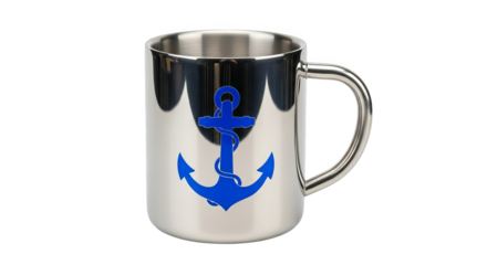 A shiny, stainless steel mug gleams with a bright blue anchor emblem against a plain backdrop.
