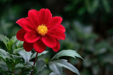 A red dahlia flower with a yellow center surrounded by green leaves set against a blurred green background