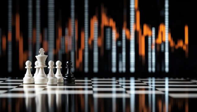 Chess pieces on a board, financial charts in background